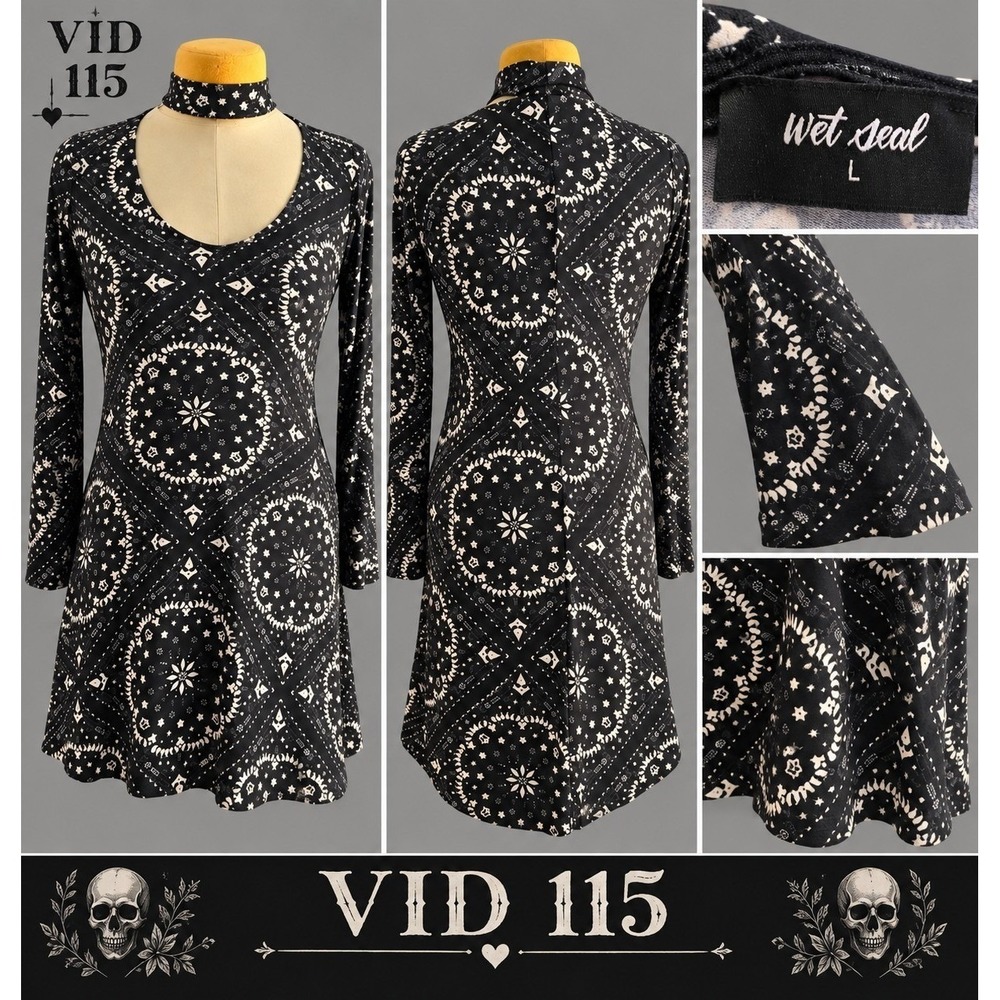 Wet Seal Y2K Goth Boho Dress Size L Black White Long Sleeve Choker